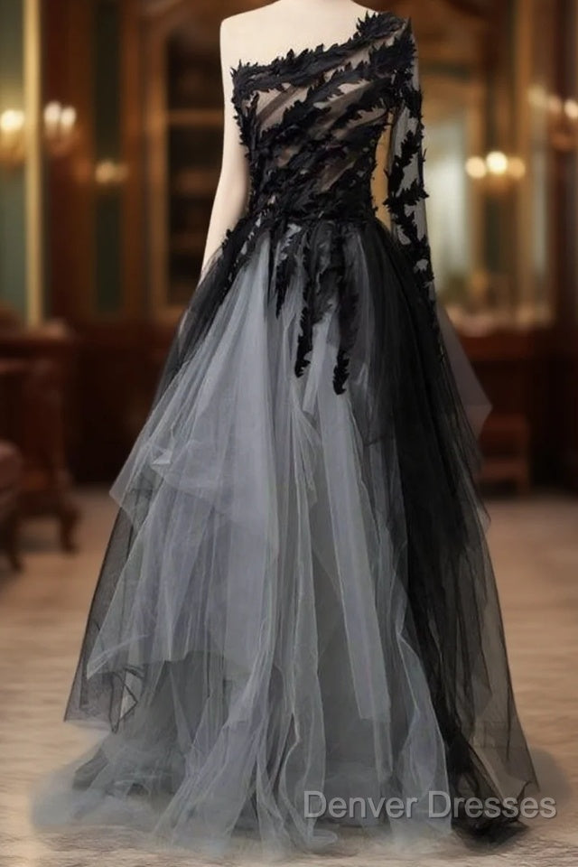Black One Shoulder Tulle Long Prom Dress Evening Dress Main image