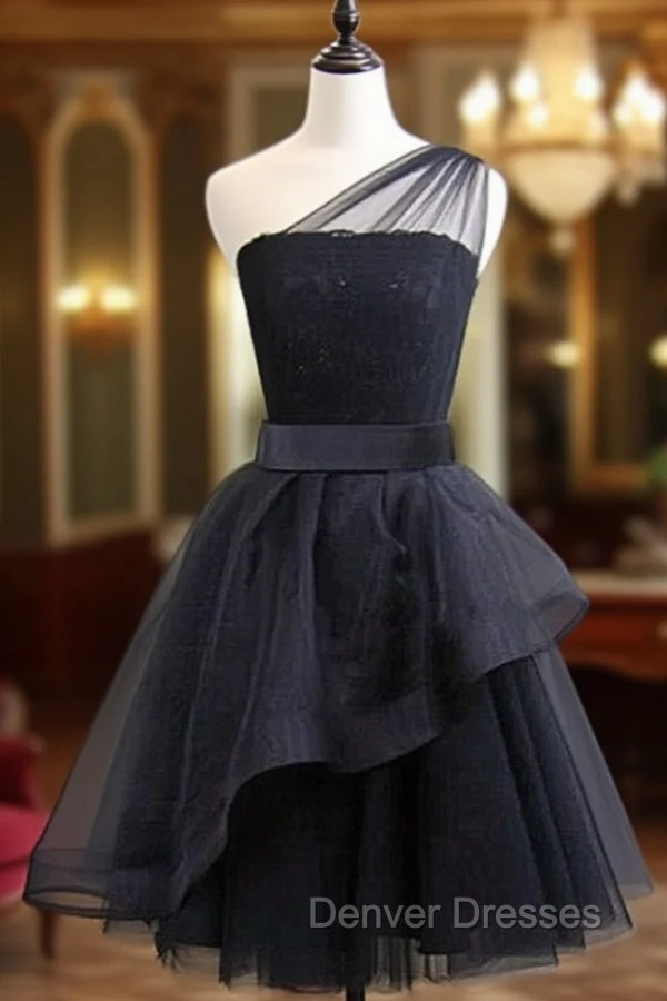 Black One Shoulder Tulle Short Formal Dress, Black Homecoming Dress Main image