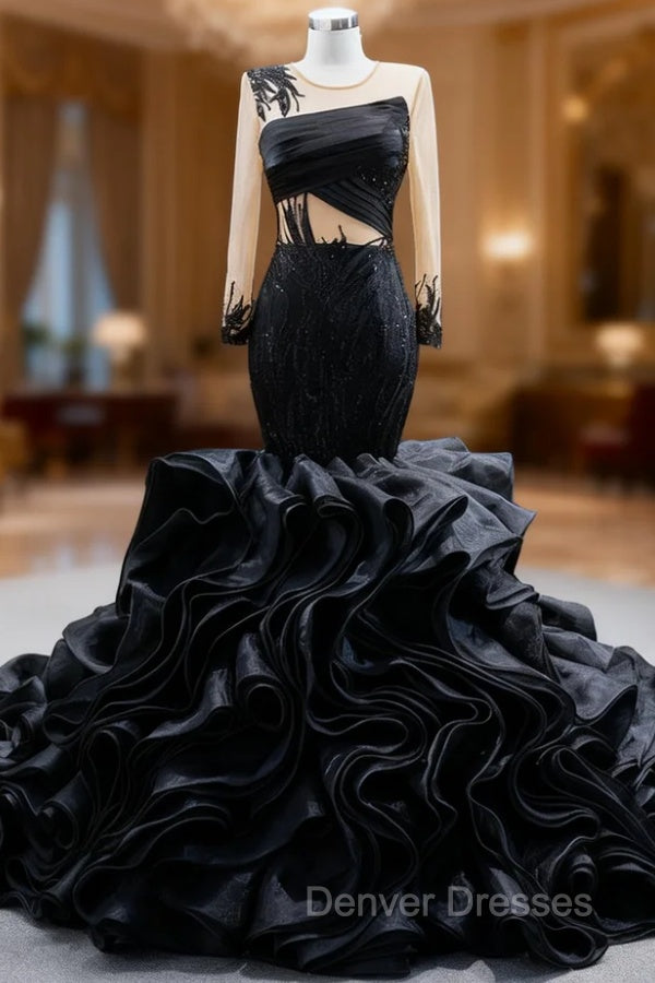 Black Organza Mermaid Long Sleeve Beading Prom Dress