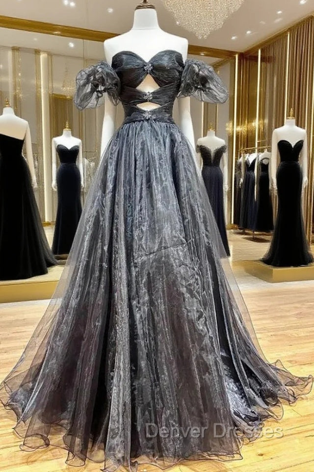 Black Organza Off the Shoulder Pleats Prom Dress Main image