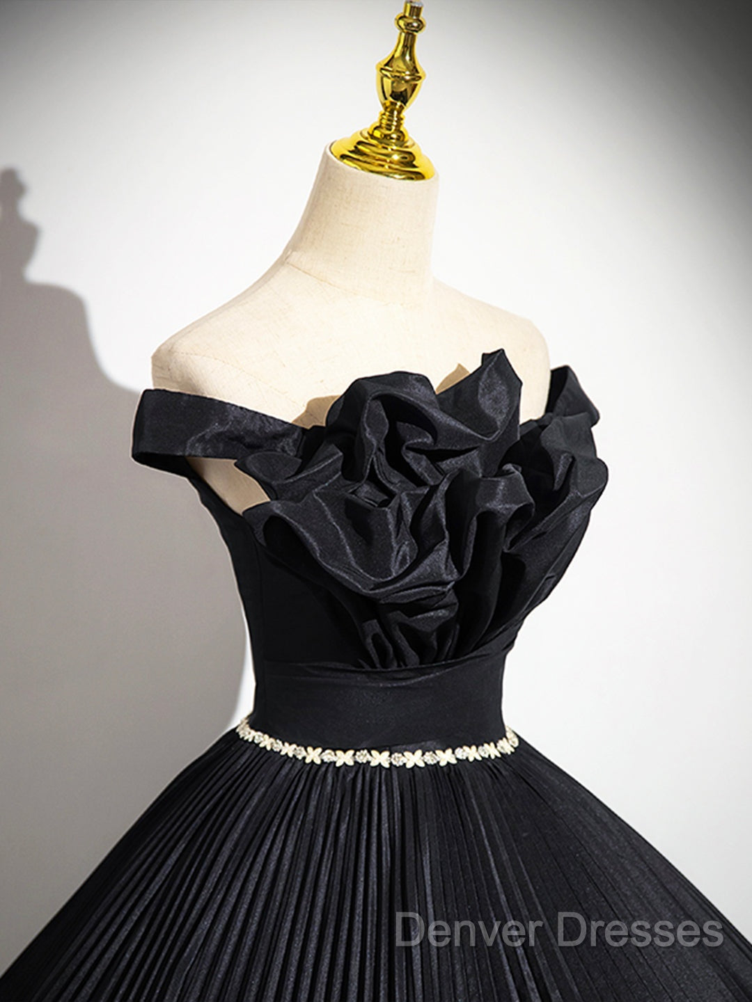 Black Pleated Long A-Line Party Gown With Rhinestone Sash, Elegant Off The Shoulder Formal Evening Dress Secondary image