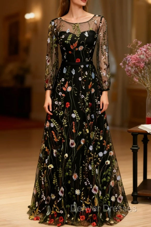 Black Print Long Sleeve Prom Dress