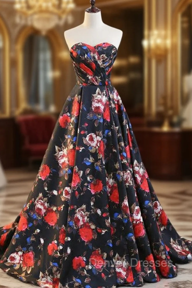 Black Print Satin Sweethearth Prom Dress With Split Main image