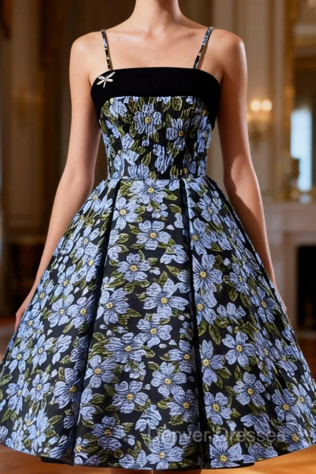 Black Print Spaghetti Straps Homecoming Dress