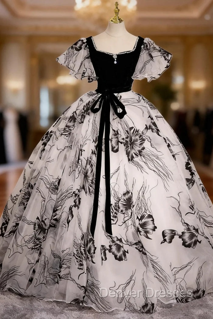 Black Print Velvet Square Quinceanera Dress