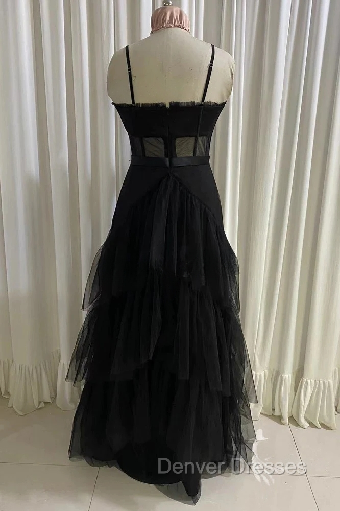 Black Prom Dress, Elegant A-line Layered Tulle Prom Dress,Sheer Corset Long Evening Dress