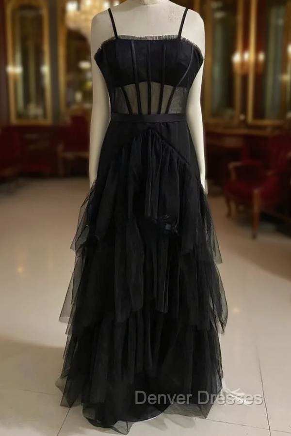 Black Prom Dress, Elegant A-line Layered Tulle Prom Dress,Sheer Corset Long Evening Dress Main image