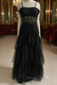 Black Prom Dress, Elegant A-line Layered Tulle Prom Dress,Sheer Corset Long Evening Dress