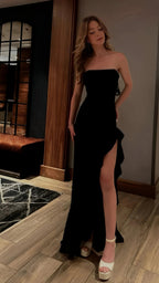 Black Prom Dress, Strapless Evening Dress, Split Party Dress