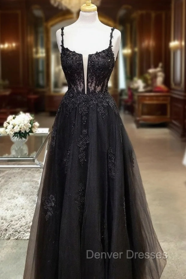 Black Prom Dress, A-line Square Neckline Spaghetti Straps Long/Floor-Length Tulle Prom Dress With Glitter Beading Appliqued