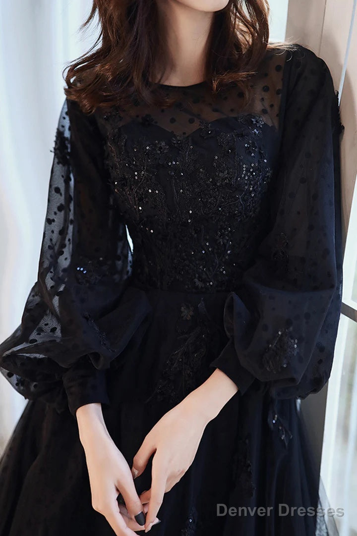 Black Puffy Sleeves Tulle With Lace Long Evening Dress, A-Line Back Long Formal Dress Secondary image