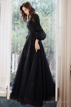 Black Puffy Sleeves Tulle With Lace Long Evening Dress, A-Line Back Long Formal Dress