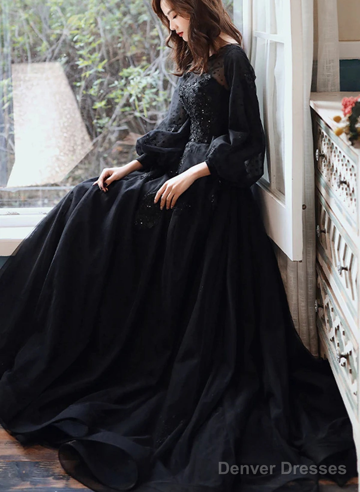 Black Puffy Sleeves Tulle With Lace Long Evening Dress, A-Line Back Long Formal Dress Main image