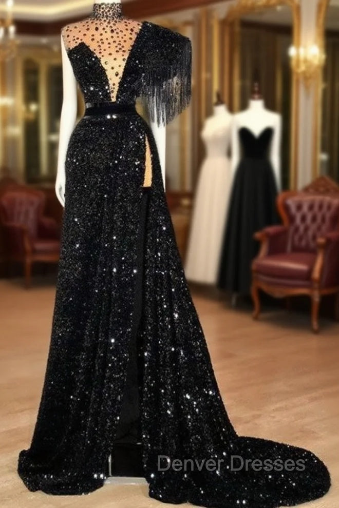 Black Robe De Soiree A-Line High Collar Sequins Sparkle Beaded Slit Sexy Long Prom Dress Prom Gown Evening Dress Main image