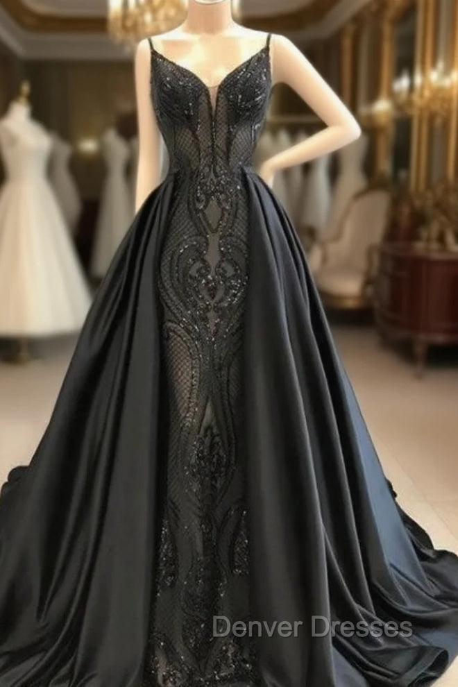Black Robe De Soiree A-Line Spaghetti Straps Appliques Long Prom Dress Prom Gown Evening Dress