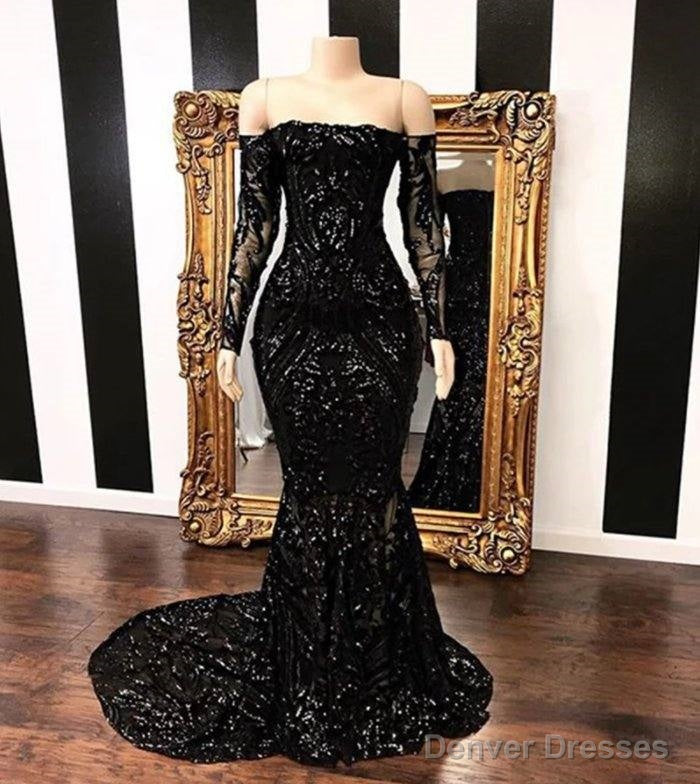 Black Robe De Soiree Mermaid Long Sleeves Appliques Sequins Long Prom Dresses Prom Gown Evening Dresses Main image