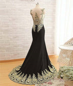 Black Round Neck Lace Applique Long Prom Dress, Black Evening Dress