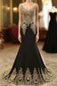 Black Round Neck Lace Applique Long Prom Dress, Black Evening Dress