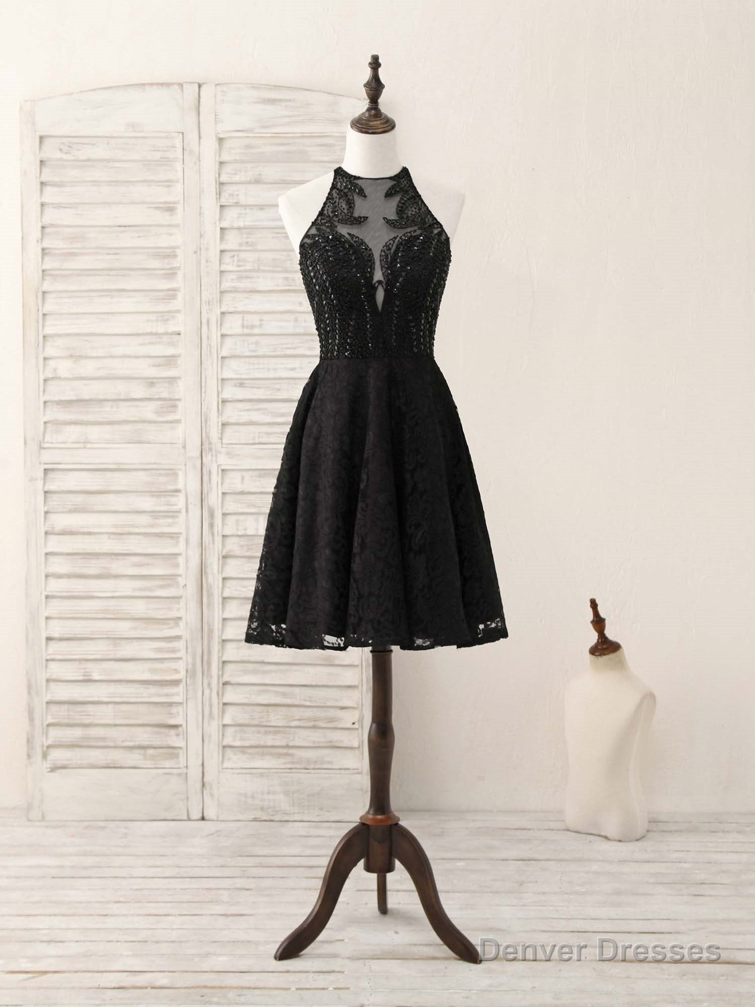 Black Round Neck Lace Beads Short Prom Dress, Black Homecoming Dress Main image
