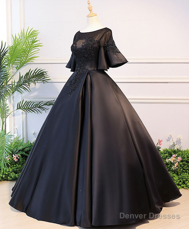 Black Round Neck Satin Lace Long Prom Dress, Sweet 16 Dress Main image