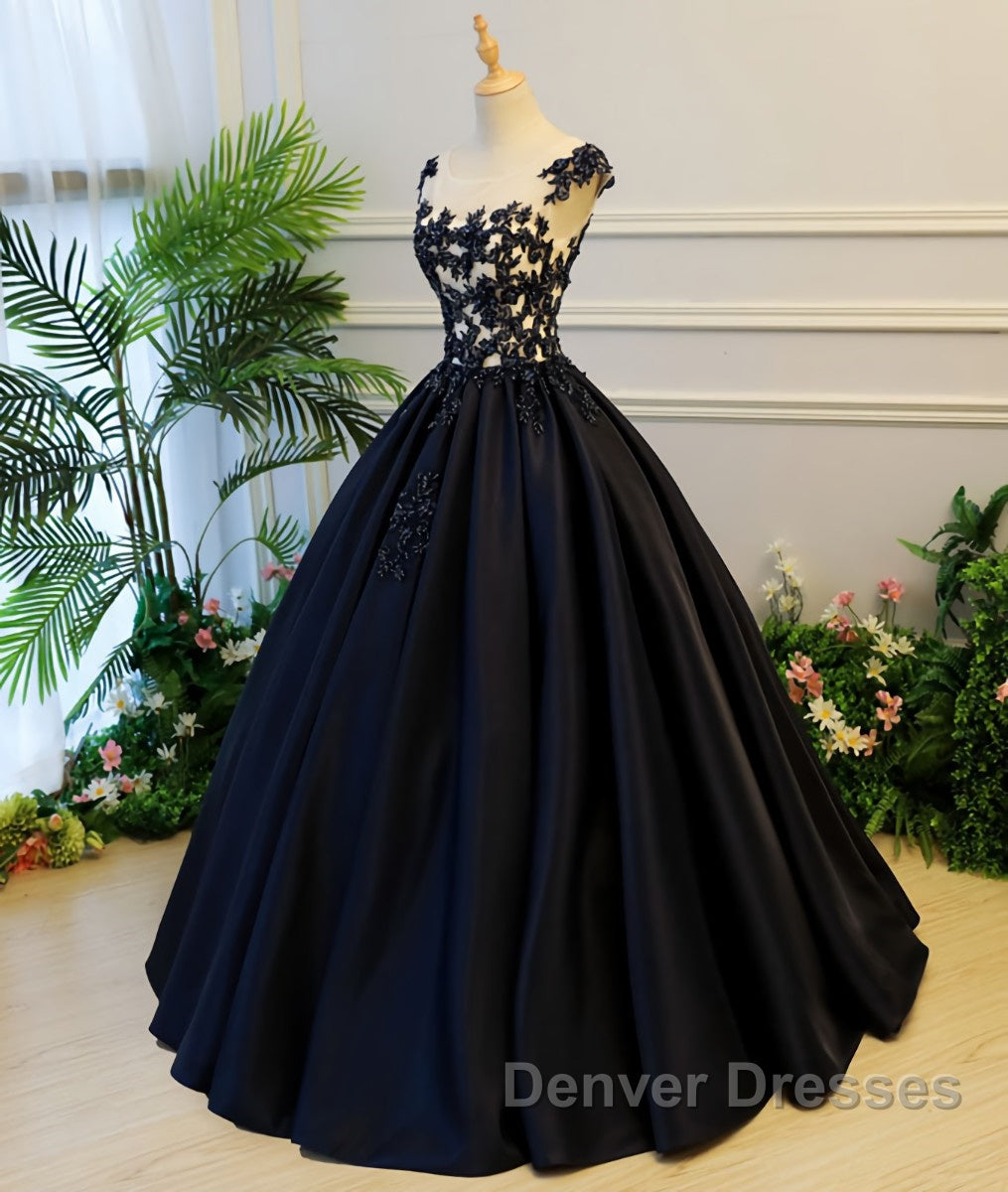 Black round neck satin long prom gown, black evening Dress