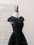 Black Round Neck Tulle Lace Applique Short Prom Dress, Black Homecoming Dress