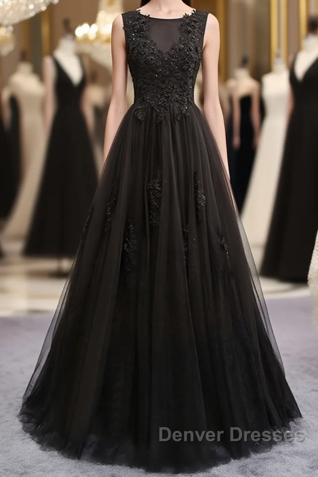 Black round neck tulle lace long prom Dress, black evening Dress Main image