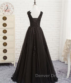 Black round neck tulle lace long prom Dress, black evening Dress