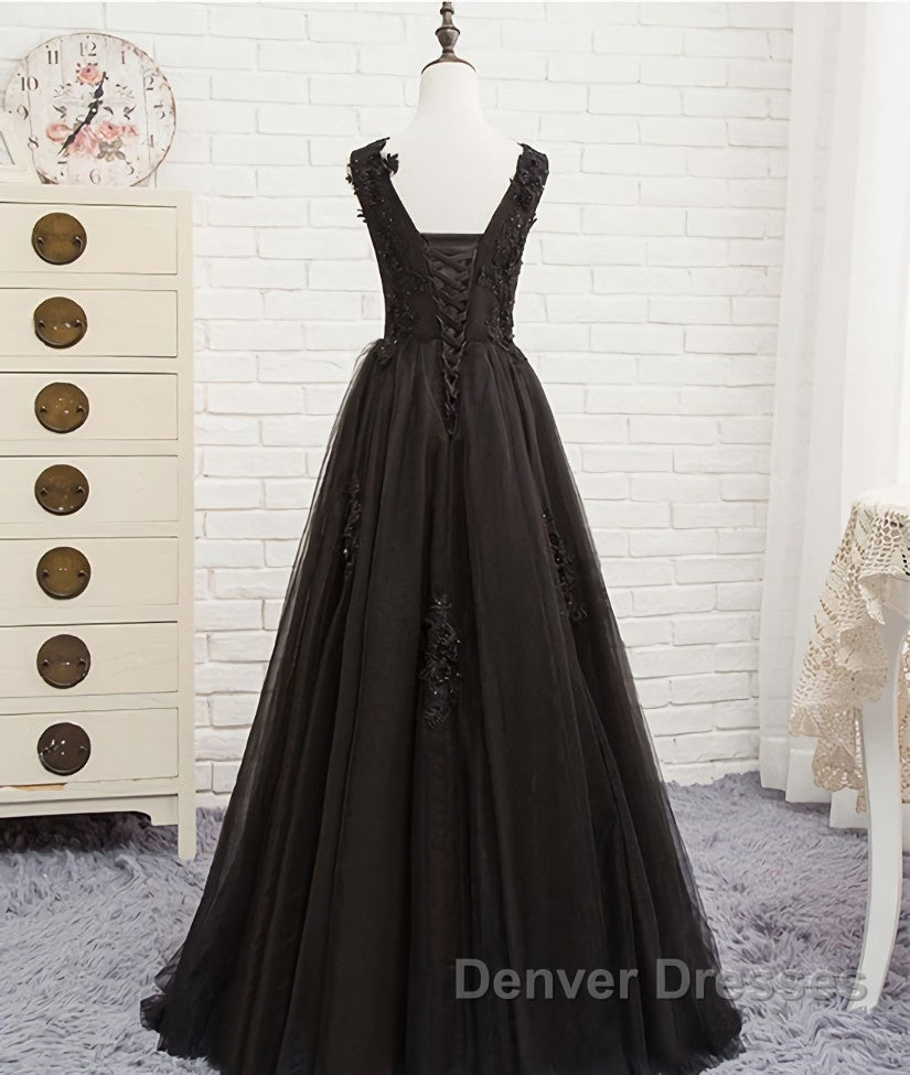 Black round neck tulle lace long prom Dress, black evening Dress