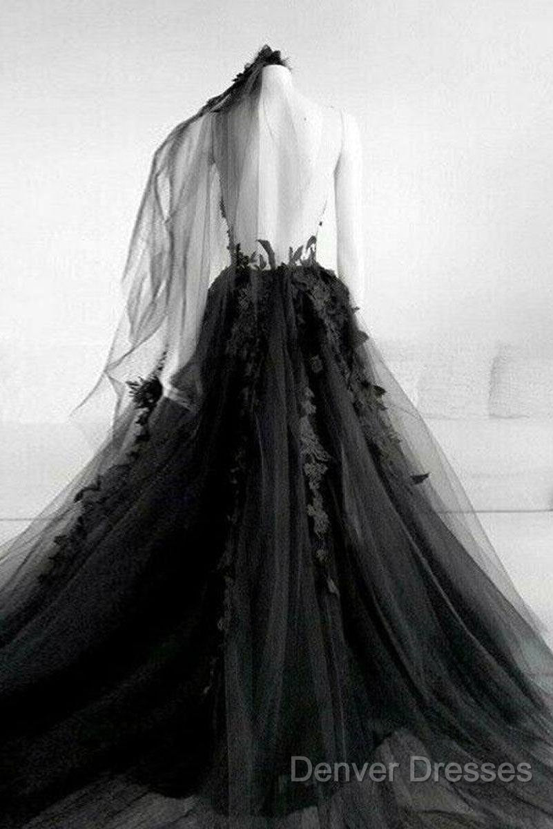 Black Round Neck Tulle Lace Long Prom Dress Black Tulle Formal Dress Secondary image