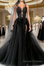 Black Round Neck Tulle Lace Long Prom Dress Black Tulle Formal Dress