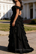 Black Ruffled A-Line Square Neck Long Prom Dress