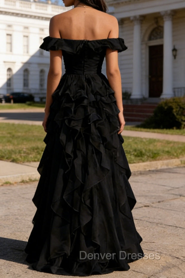 Black Ruffled A-Line Square Neck Long Prom Dress