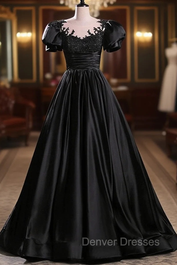 Black Satin A-line Floor Length Long Party Dress with Lace, Black Long Formal Dress