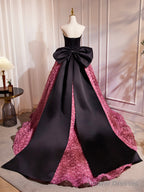 Black Satin And Pink Ruffle Flower Long Prom Dress, Lovely A-Line Strapless Bow Party Evening Dress