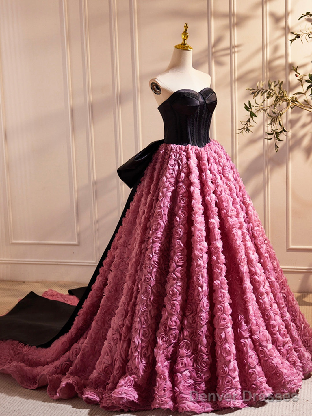 Black Satin And Pink Ruffle Flower Long Prom Dress, Lovely A-Line Strapless Bow Party Evening Dress