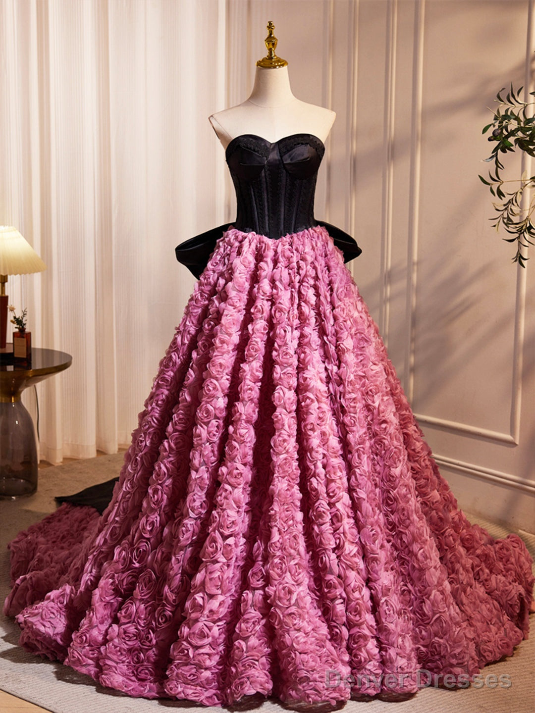 Black Satin And Pink Ruffle Flower Long Prom Dress, Lovely A-Line Strapless Bow Party Evening Dress
