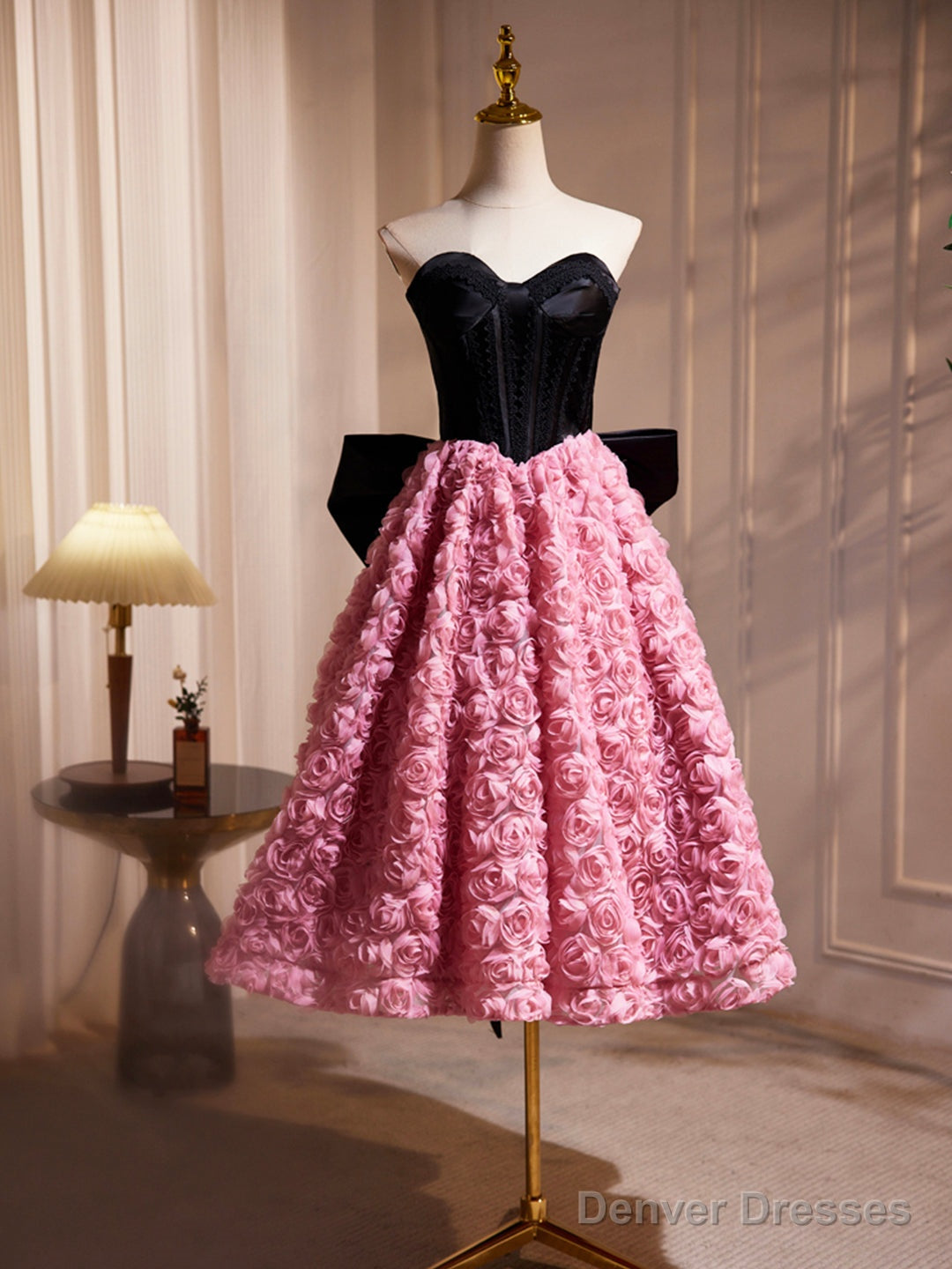 Black Satin And Pink Ruffle Flower Short Prom Dress, Lovely A-Line Strapless Bow Party Cocktail Dress Main image