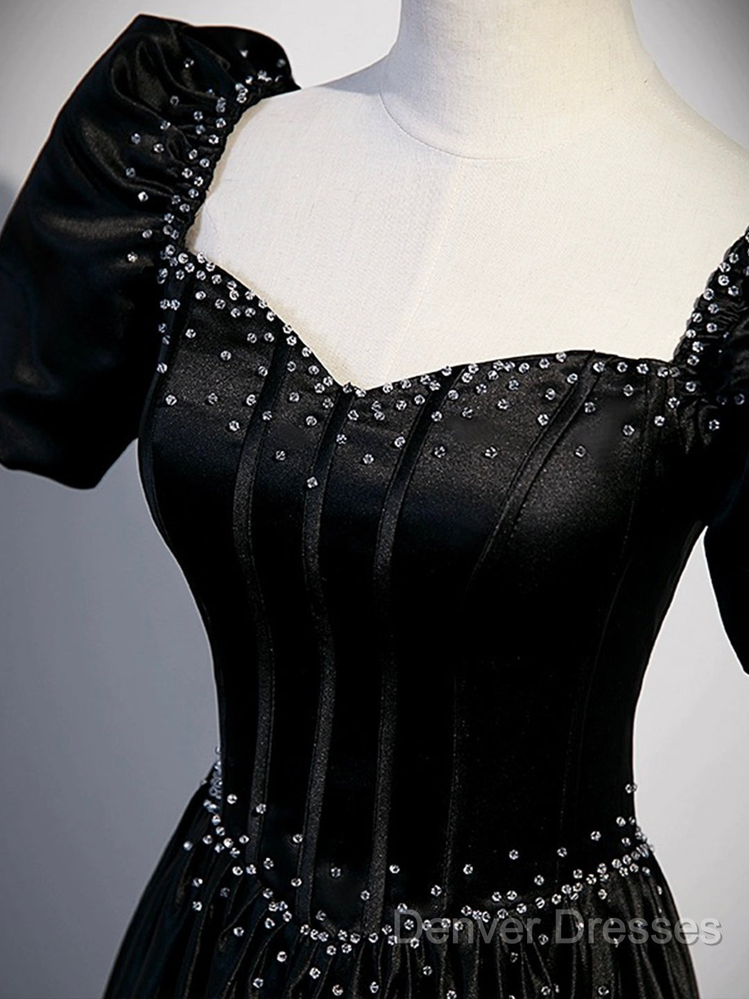 Black Satin Beaded Floor Length Prom Dress, Black A-Line Short Sleeve Evening Dress Secondary image