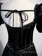 Black Satin Beaded Floor Length Prom Dress, Black A-Line Short Sleeve Evening Dress