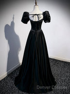 Black Satin Beaded Floor Length Prom Dress, Black A-Line Short Sleeve Evening Dress
