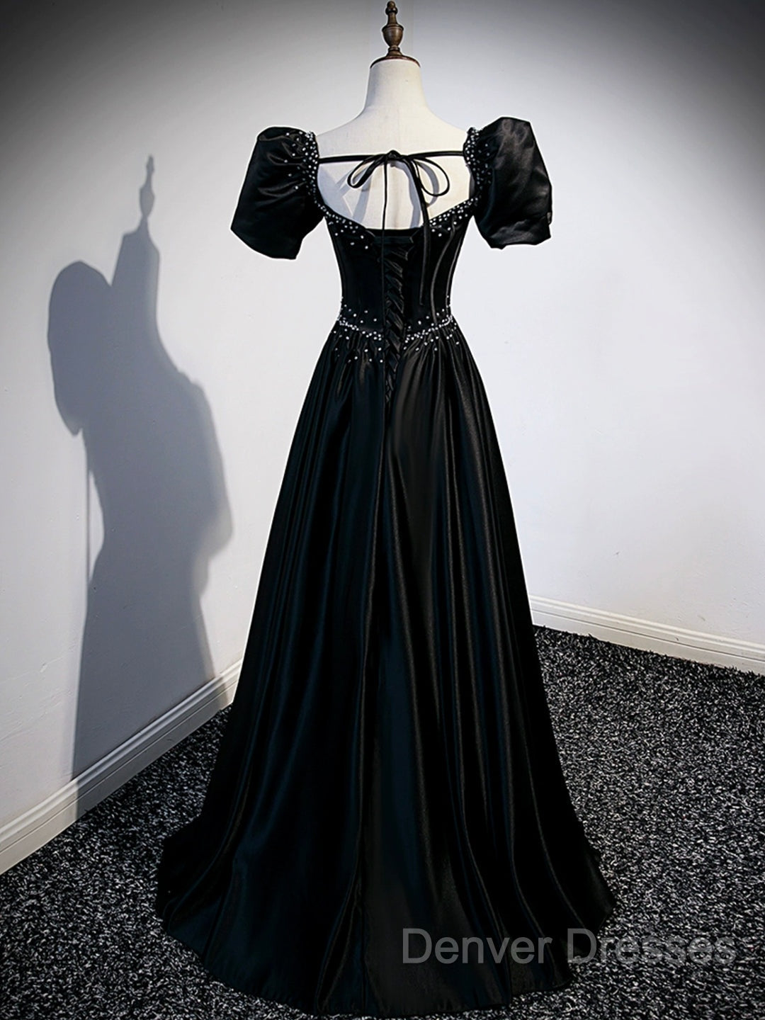 Black Satin Beaded Floor Length Prom Dress, Black A-Line Short Sleeve Evening Dress