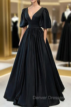 Black Satin Deep V-neckline Long Formal Dress, Black Evening Dress Prom Dress