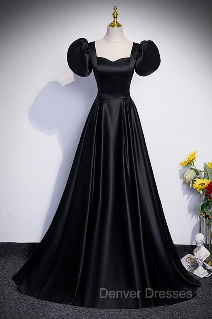 Black Satin Floor Length Prom Dress, Simple Black Short Sleeve Evening Dress Secondary image