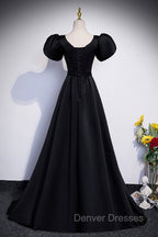 Black Satin Floor Length Prom Dress, Simple Black Short Sleeve Evening Dress