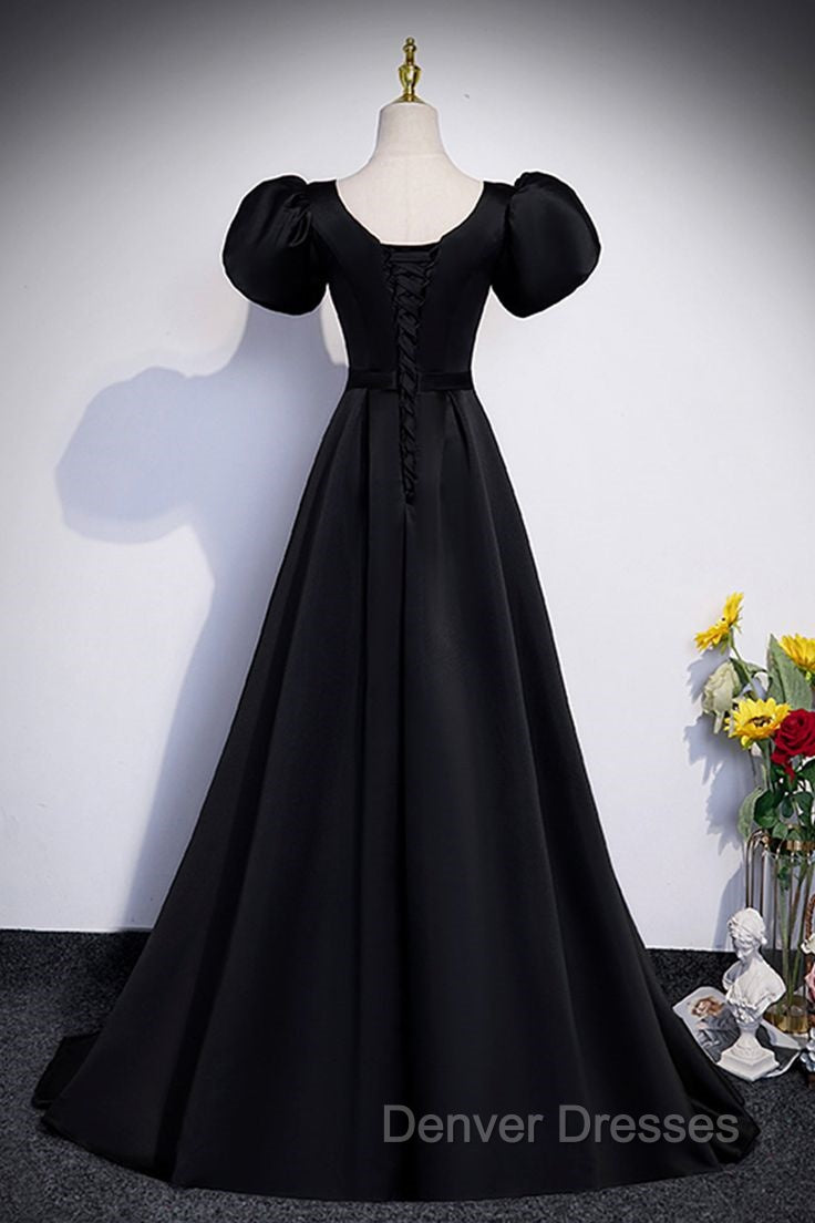 Black Satin Floor Length Prom Dress, Simple Black Short Sleeve Evening Dress