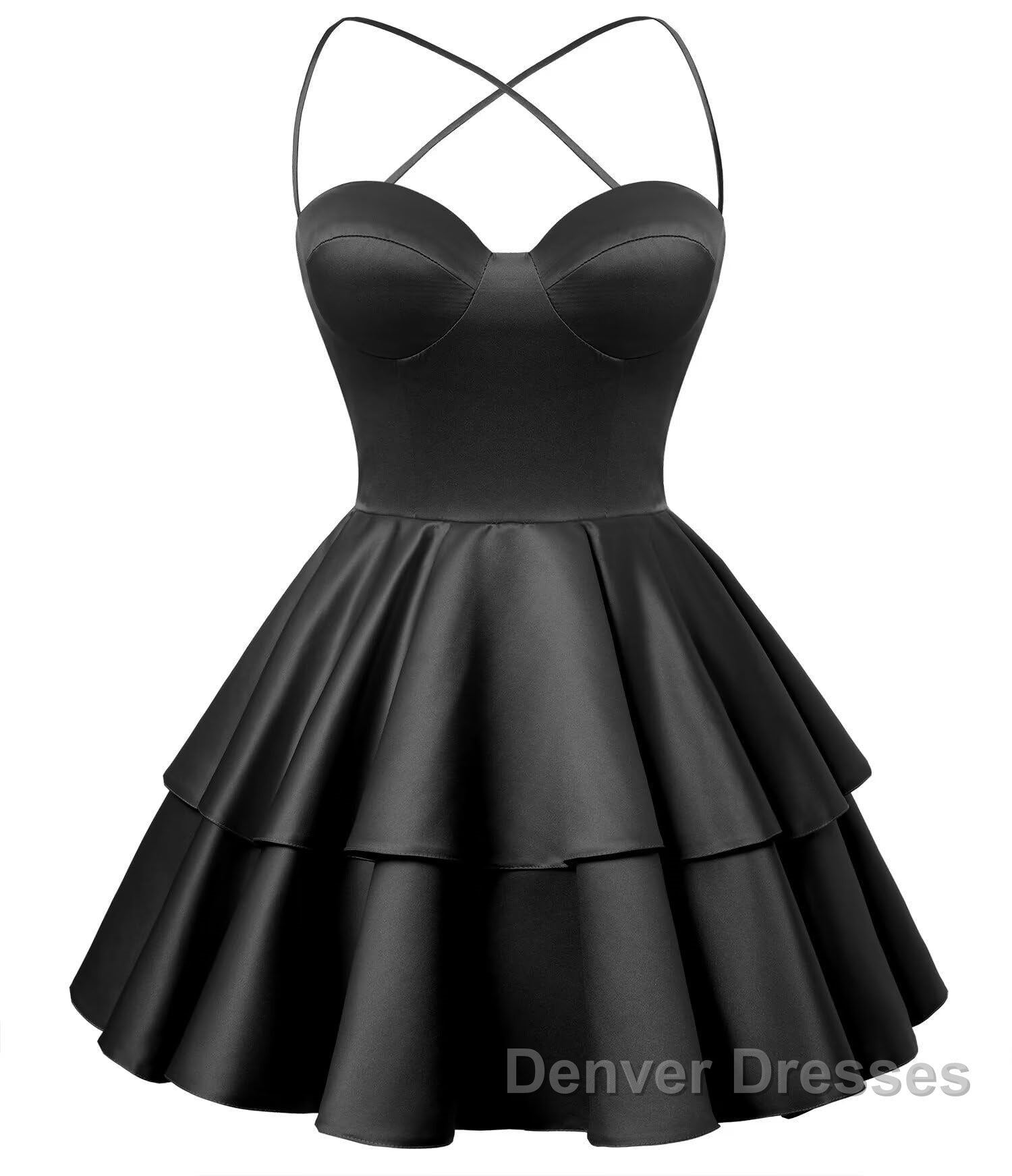 Black Satin Homecoming Dress Sweetheart Neck Tiered Short Graduation Dress Secondary image