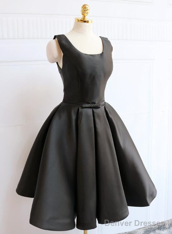 Black Satin Knee Length Party Dress , Black Backless Evening Dress