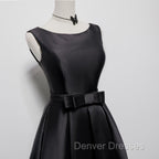 Black Satin Knee Length Round Neckline Party Dress, Black Short Prom Dress
