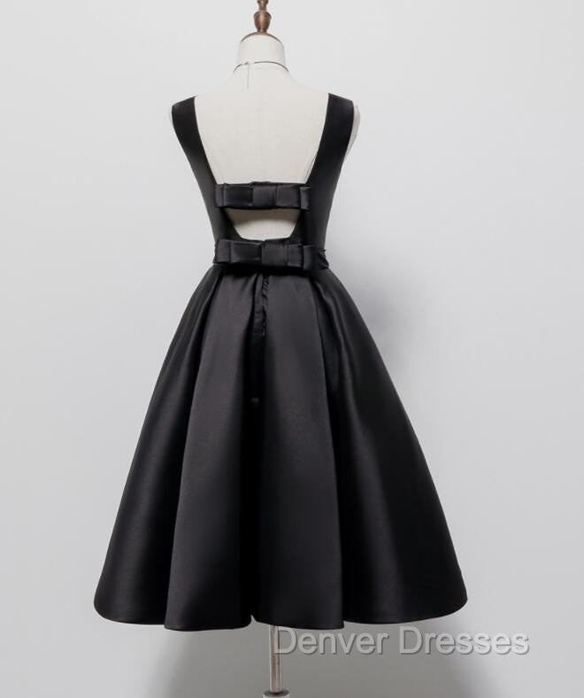 Black Satin Knee Length Round Neckline Party Dress, Black Short Prom Dress Secondary image